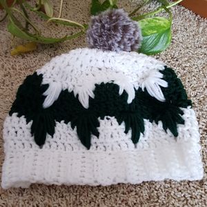 New WOT Frozen Hat with pompom, handmade crochet, white green